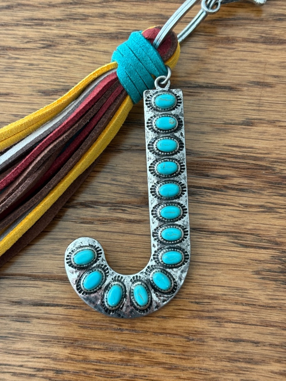 Western Turquoise Letter J Tassel Purse Charm Keychain Leather EUC - Picture 2 of 4